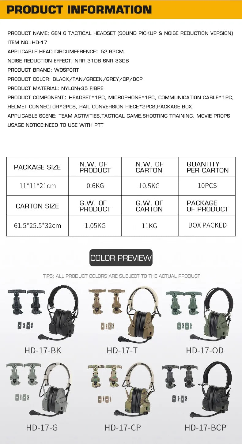 HD-17 GEN 6 Tactical Headset Sound Pickup&Noise Reduction Sports Shooting Earmuff Sports Shooting Impact Anti-Noise Headset