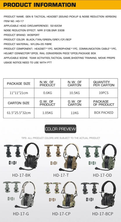 HD-17 GEN 6 Tactical Headset Sound Pickup&Noise Reduction Sports Shooting Earmuff Sports Shooting Impact Anti-Noise Headset