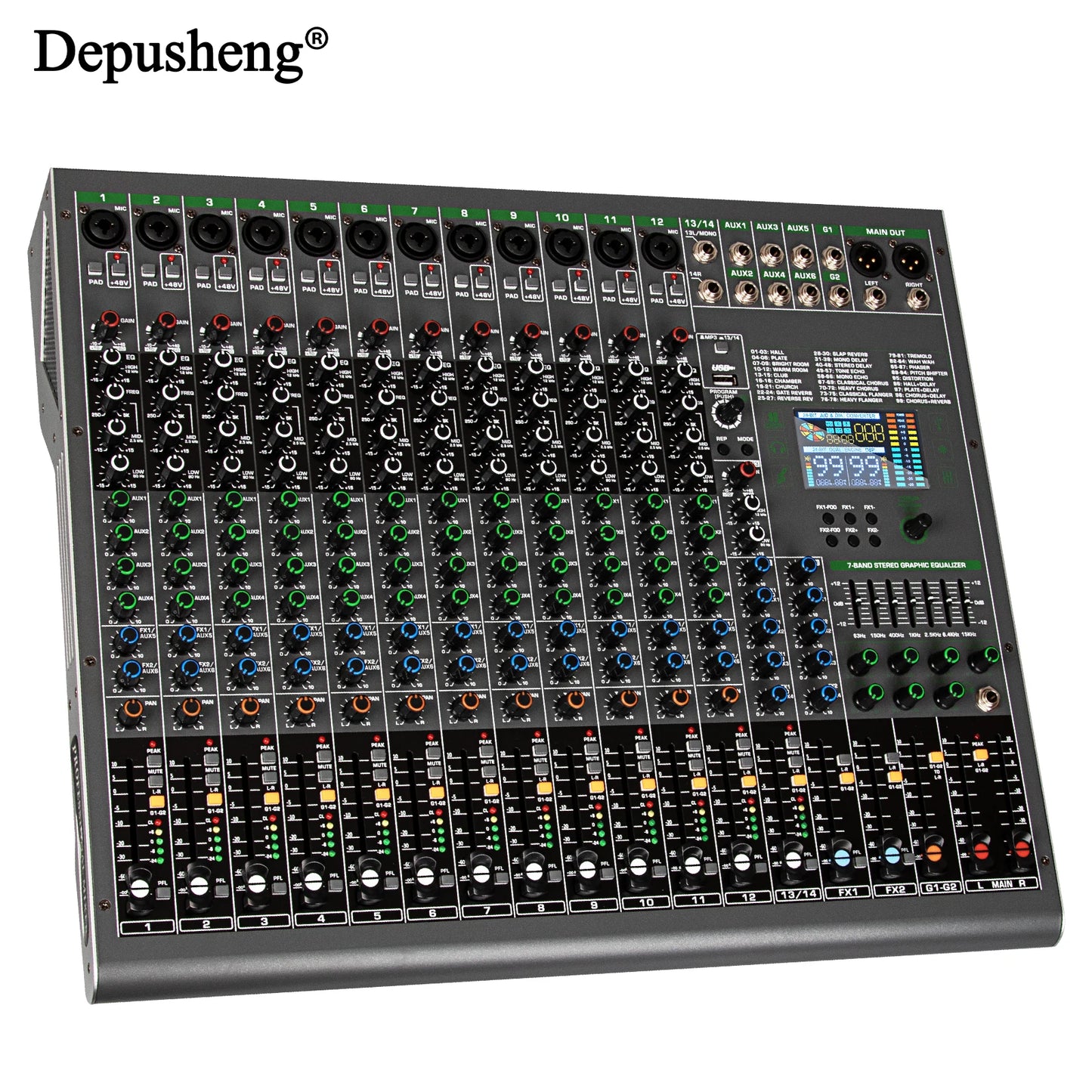 14 Channels Digital Professional Audio Console Mixer Depusheng TG14 Mixing DJ Console USB with 48V Phantom Power Built-in 99 Rev