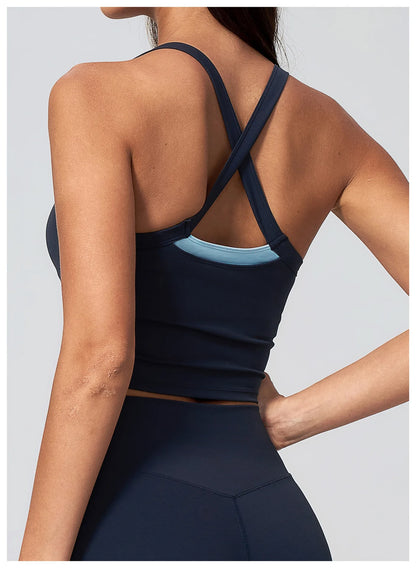 Women Criss Cross Back Yoga Tank Top Push Up Sports Bra Fitness Running Workout Gym Vest Color Block Sport Underwear Crop Top