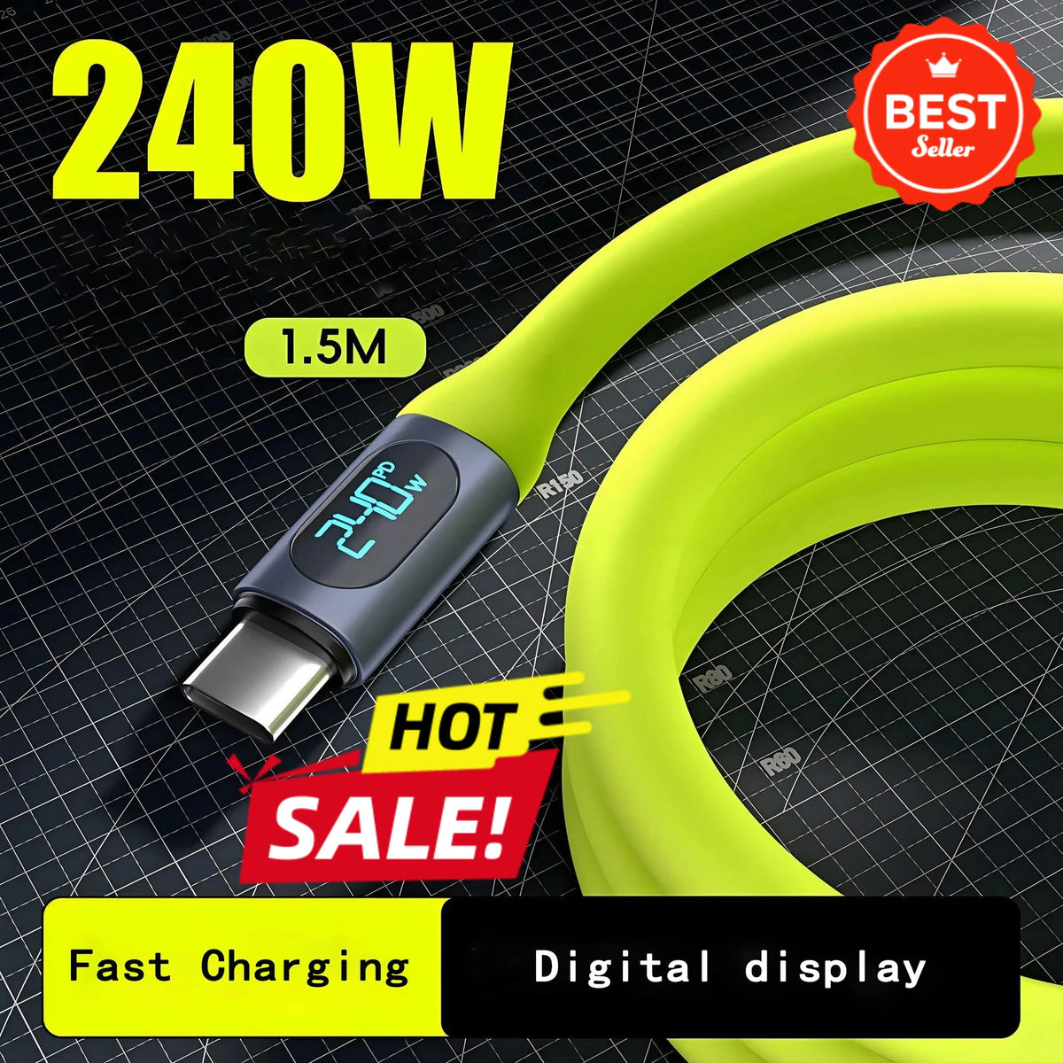 USB-C-laddkabel med digital effektmätare – 100 W/240 W, 1,5 m