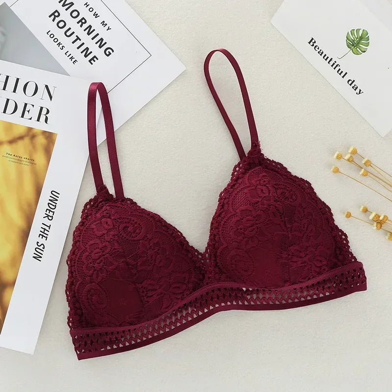 Women Sexy Lace Bra No Steel Ring Beauty Back Wrapped Chest Comfortable Deep V Brassiere Stretch Triangle Cup Padded Underwear