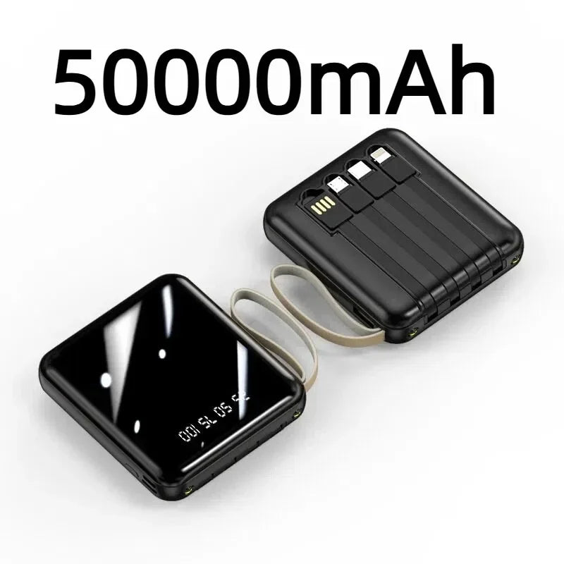 VIVO Mini Powerbank med 4 Inbyggda Kablar – Snabbladdning LED-display Dual USB Svart Vit Röd 50000/100000/200000mAh