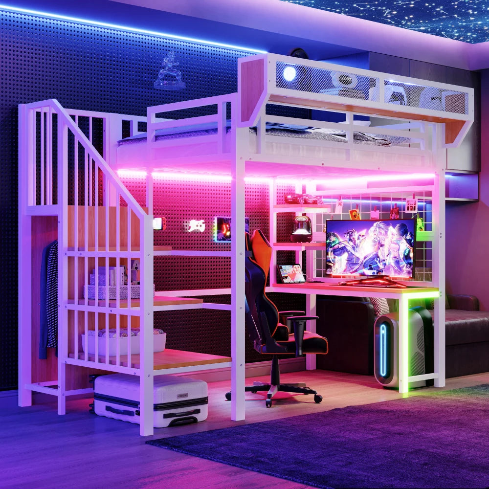 90×200cm & 140*200cm Metal High Bed, with Desk, Shelf and Storage Net, Complete with Safety Ladder, LED Lighting and Socket