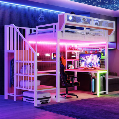 90×200cm & 140*200cm Metal High Bed, with Desk, Shelf and Storage Net, Complete with Safety Ladder, LED Lighting and Socket