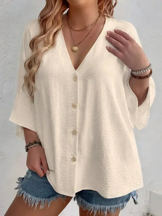 Dam Plus Size T-shirt 2026 – Enfärgad V-ringning Knapp Lös Passform Andningsbar Casual 1XL–5XL