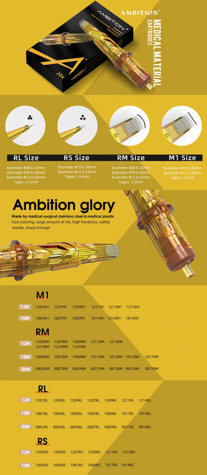 Ambition Glory Tattoo Cartridge Mix Needle 0.25mm 0.3mm 0.35mm Round Liner Shader Magnum Tattoo Needles 1rl 3rl 5rl 7rm 9rm 13rm