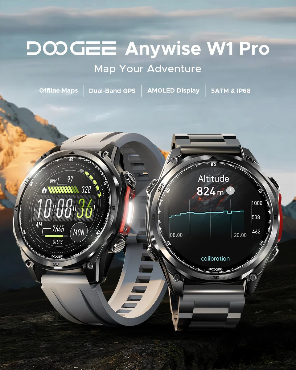 DOOGEE ANYWISE W1 PRO Smartwatch 1.43'' 5ATM Water Resistance 178 Sports Modes Health Monitoring Geomagnetic Sensor Offline Maps