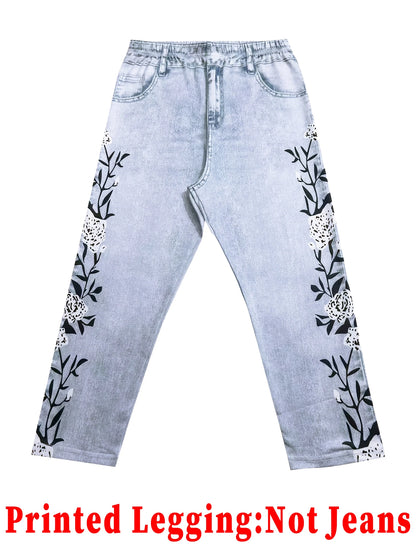 Fashionable Women's Printed Skinny Capris, High-Elastic Seamless Design with Mock Pockets, Ideal for Casual and Sports Wear