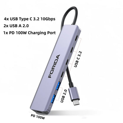 FORIDA Aluminum USB C Hub 3.2 and 3.0 10Gbps USB C HDMI Splitter PD 100W Power Charging USB 3.2 Gen2 Adapter for Laptop PC