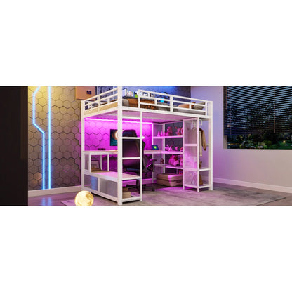 140x200cm Metal High Bed with Storage and Open Wardrobe, Kids Bedroom Bed with USB Connector and LED Lighting, Black/white