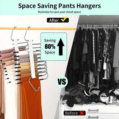 Upgrade 9 Layers Pants Hangers Space Saving, Jeans Hangers Non Slip Stainless Steel Multifunctional Rack S-Type Closet Organizer