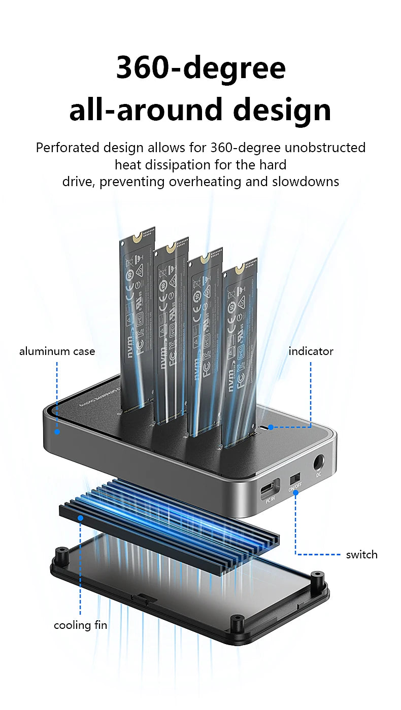 Blueendless 4 Bay M.2 NVMe/SATA SSD Docking Station Type C USB3.1 10Gbps M2 NVMe PCIe SATA NGFF Dual Protocol Aluminum SSD Case