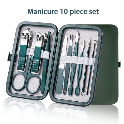 Green Stainless Steel Nail Clipper Sets 6-18 Pcs Manicure Set With Leather Case Professional Foot And Face Care Tool Kits