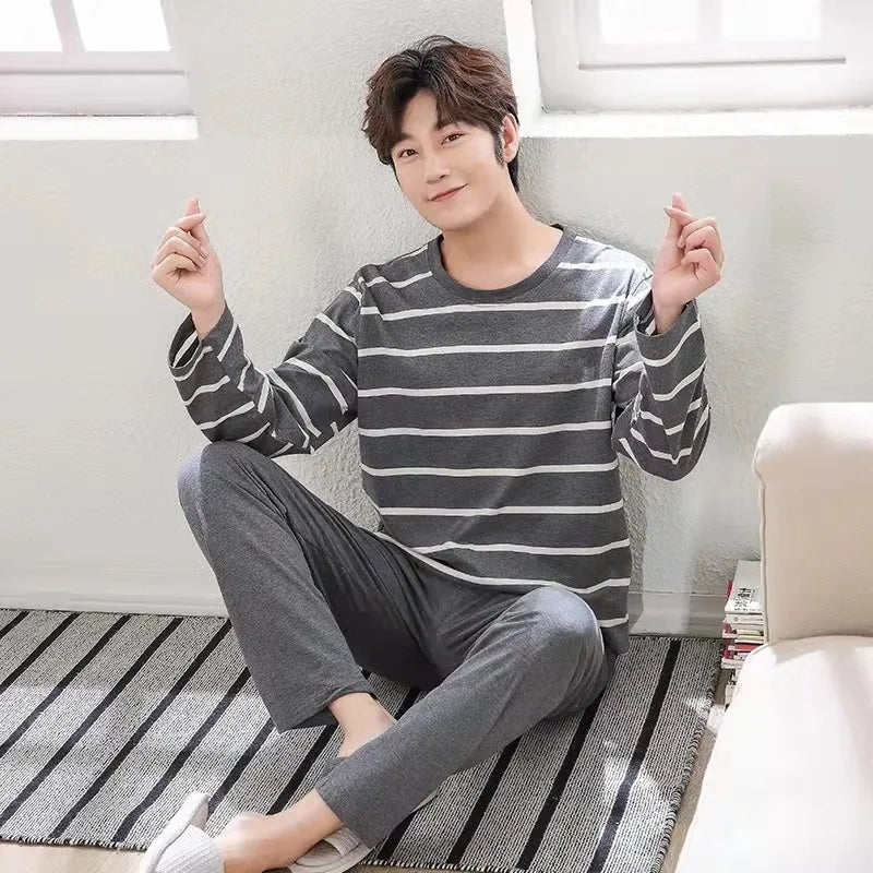 Herr Pyjamas Set Vår & Höst – Långärmad Randig Mjuk Koreansk Stil, 6 Färger M–XXL