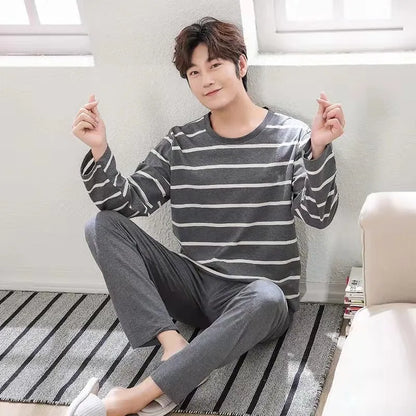 Herr Pyjamas Set Vår & Höst – Långärmad Randig Mjuk Koreansk Stil, 6 Färger M–XXL