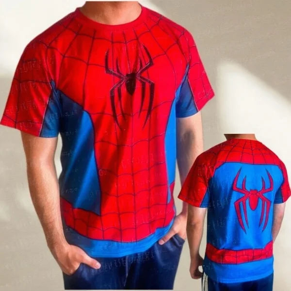Parent‑child Spider Hero 3D Print Sports T‑Shirt,Red Blue Web Pattern Jersey,100% Polyester Breathable Tops for Kids Adults