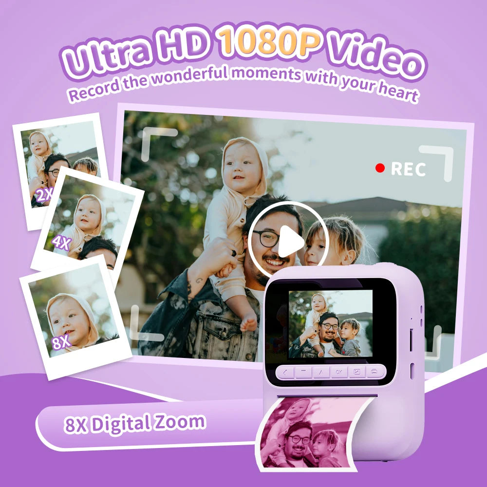 New Kids Instant Digital Camera 2.4 Inch IPS Screen 8X Zoom Mini Single Color Print Camera For Kids 3-12 Years Birthday Gifts