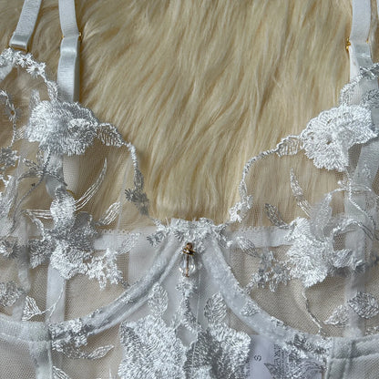 Floral Embroidered Boned Corset Lingerie Set Sheer Mesh Underwire Bustier Garter Straps Waist Cincher Romantic Night Clubwear