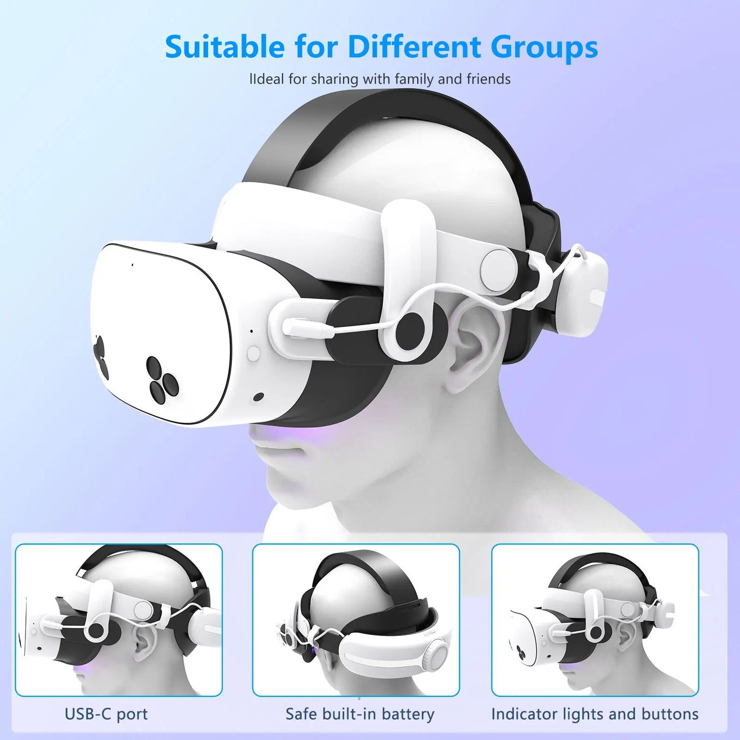 For Quest3S VR Headset 12000mAh Adjustable Charging Head Strap Elite Comfortable Accessory for Meta Quest3 Gaming Experience