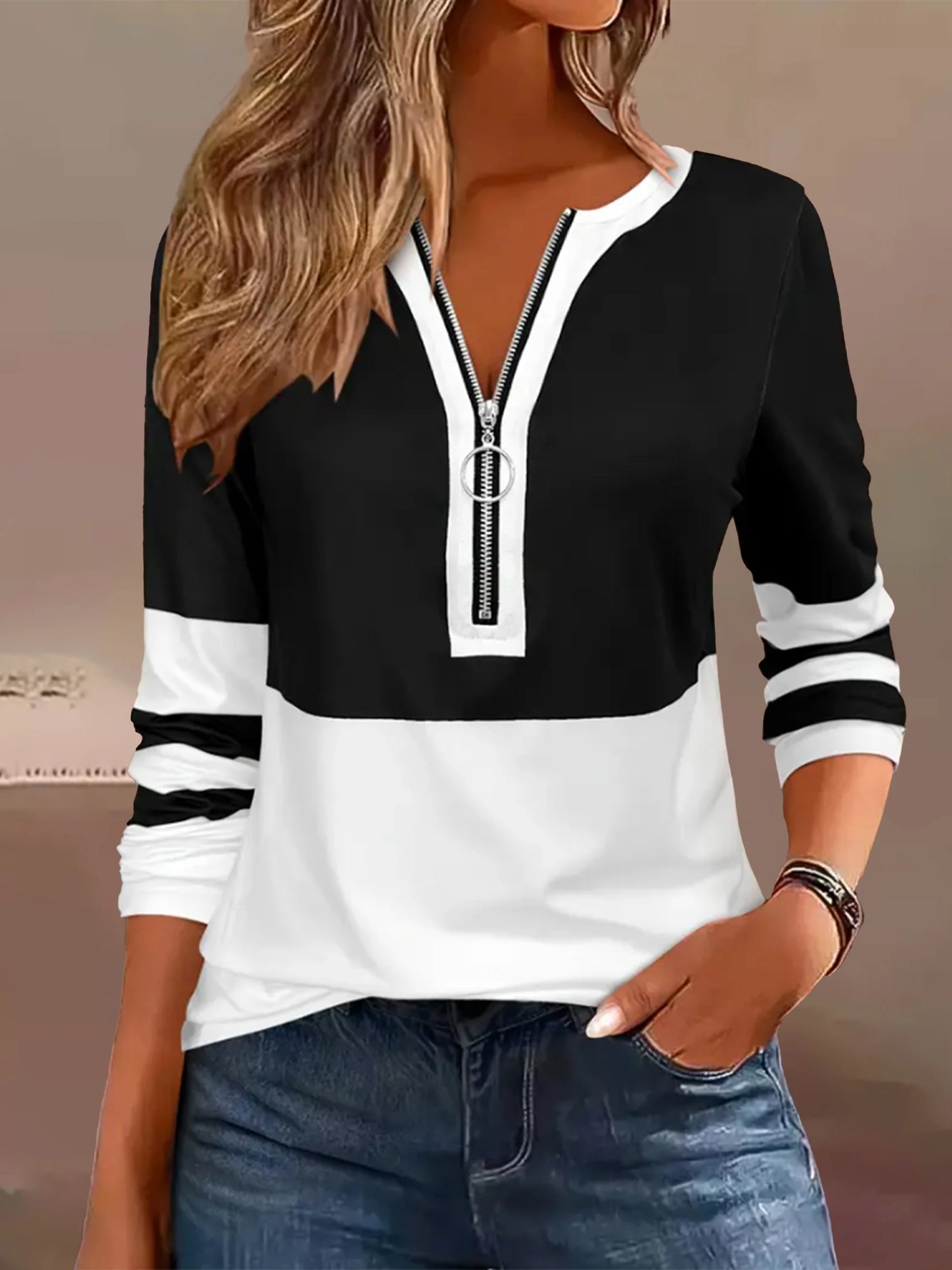 Plus Size Long Sleeve T-Shirt with Geometric Stripes & Color Block Ring Zipper Detail - Fall Fashion