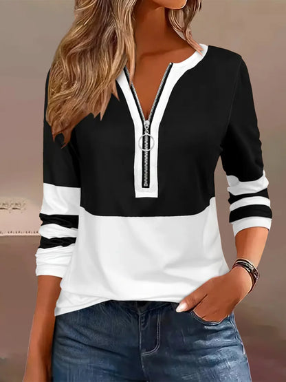 Plus Size Long Sleeve T-Shirt with Geometric Stripes & Color Block Ring Zipper Detail - Fall Fashion