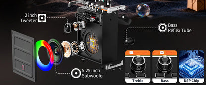 69-black Karaoke Machine with 2 UHF Wireless Microphones, Bluetooth Speaker with Bass/Treble Adjustment and LED Light, PA System