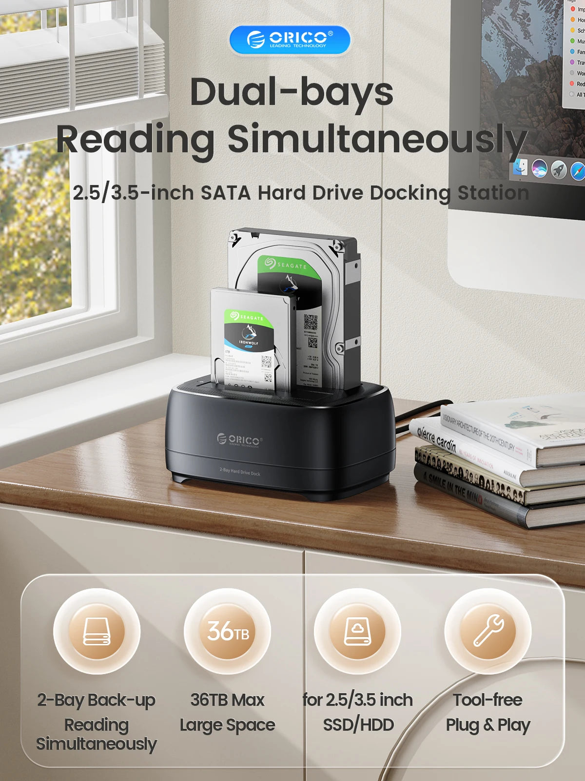 ORICO Dual-bay Hard Drive Station 5Gbps Type-C HDD Docking Station  with 12V 3A Power Adapter  for 2.5/3.5 Inch HDD/SSD