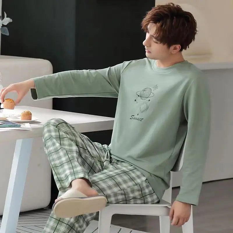 Herr Pyjamas Set Vår & Höst – Långärmad Randig Mjuk Koreansk Stil, 6 Färger M–XXL