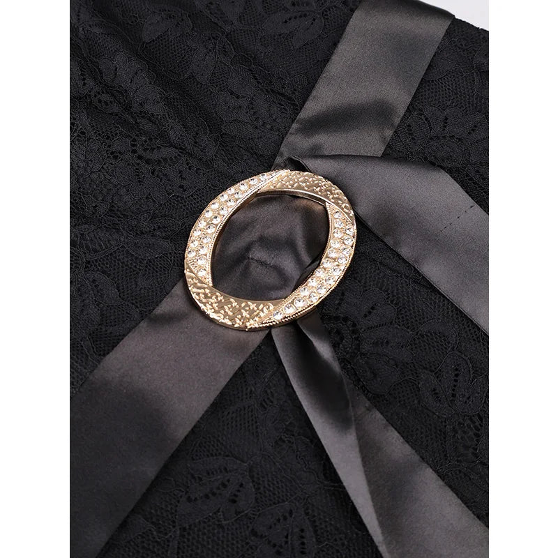 Slergiri Plus Size Black Lace Rhinestone Belt Mermaid Hem Dress Women Elegant Evening Party Gown Ladies Bodycon Long Dresses