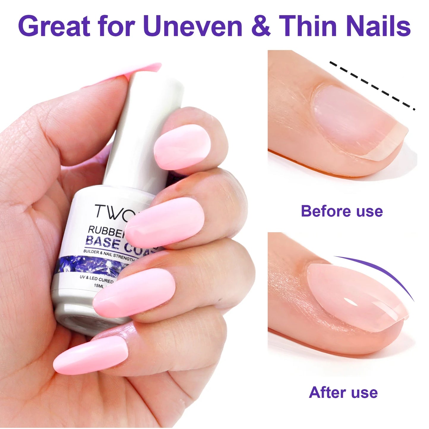 TWOING Rubber Base Coat & No Wipe Top Coat Set 15ml+15ml, Builder Base Gel, Diamond Shine, UV LED Soak Off, Long-Lasting