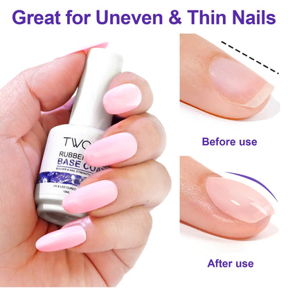 TWOING Rubber Base Coat & No Wipe Top Coat Set 15ml+15ml, Builder Base Gel, Diamond Shine, UV LED Soak Off, Long-Lasting