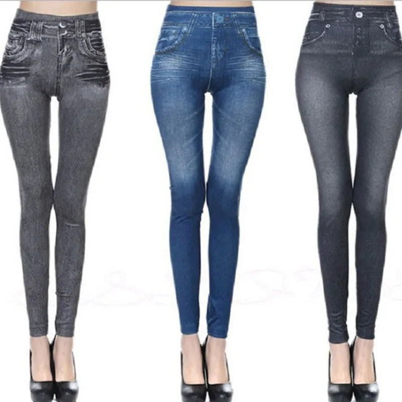 Dam Denim-print Leggings – Slim Faux Jeans Stretch Hög Midja Ankellång Casual Kontor, 3 Färger S–3XL