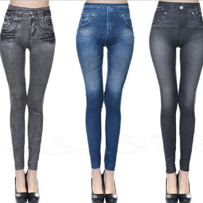 Dam Denim-print Leggings – Slim Faux Jeans Stretch Hög Midja Ankellång Casual Kontor, 3 Färger S–3XL