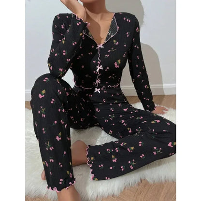 Dam Pyjamas 2-delat Set Höst & Vinter – Blommigt Tryck, Långärmad Loungewear