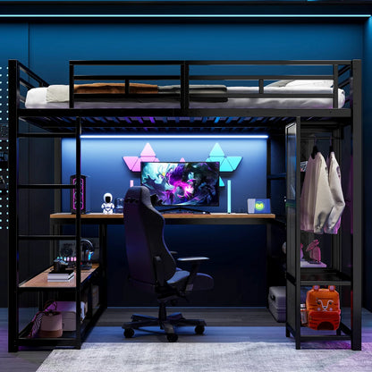 140x200cm Metal High Bed with Storage and Open Wardrobe, Kids Bedroom Bed with USB Connector and LED Lighting, Black/white