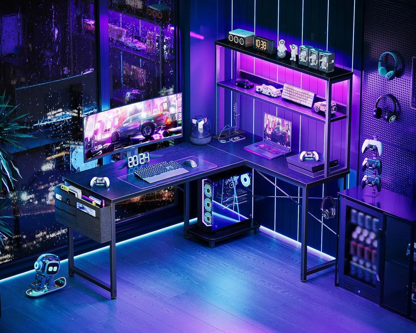 Coleshome L-Shaped Gaming Desk with Led and Sockets, 135×100cm, Black