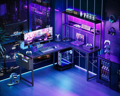 Coleshome L-Shaped Gaming Desk with Led and Sockets, 135×100cm, Black