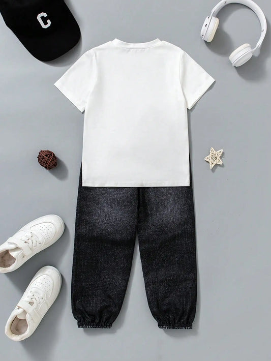 Pojkar Streetwear Set – Tryckt Stickad Byxa + T-shirt Casual Sommar Storlek 4–7 år