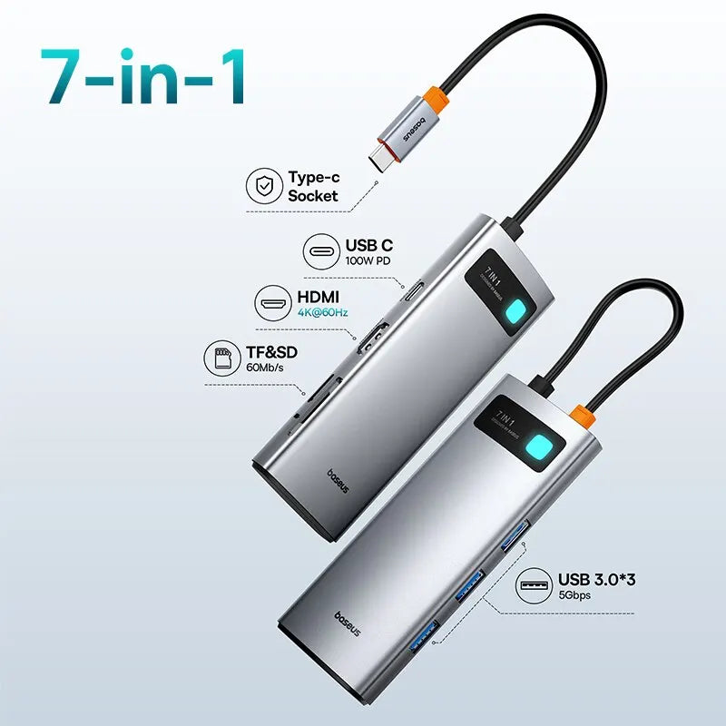 Baseus 7-in-1 Gen 2 USB C HUB 4K@60Hz HDMI 3* USB 3.0 PD 100W Type C Port SD/TF Card Reader for Macbook iPad M2 M1 Steam Deck