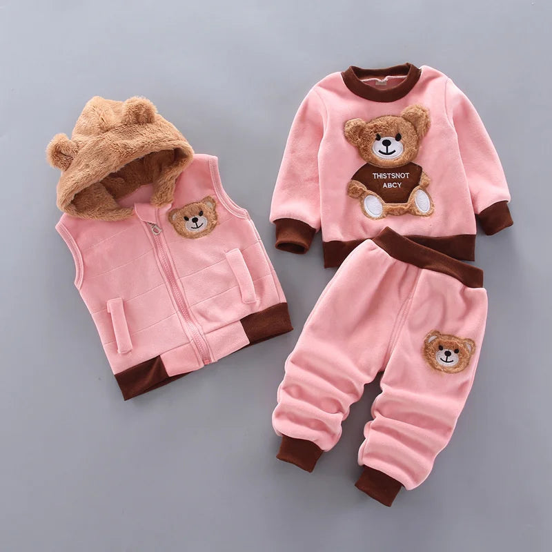 Winter Baby Clothing Sets Autumn Boys Girls Thick Warm Suits Hooded Sweater Cartoon Cute Bear Three-Piece kids Outfits 0-4 Years