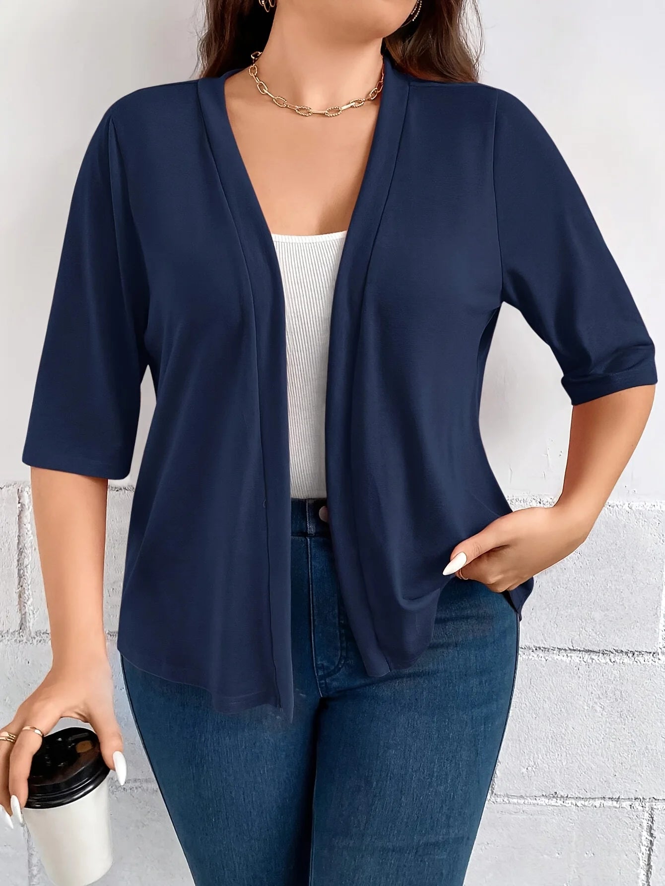 Dam Plus Size Blazer – Dräperad Öppen Enfargad 3/4-ärm Casual Mångsidigt Året Runt, 8 Färger 1XL–5XL