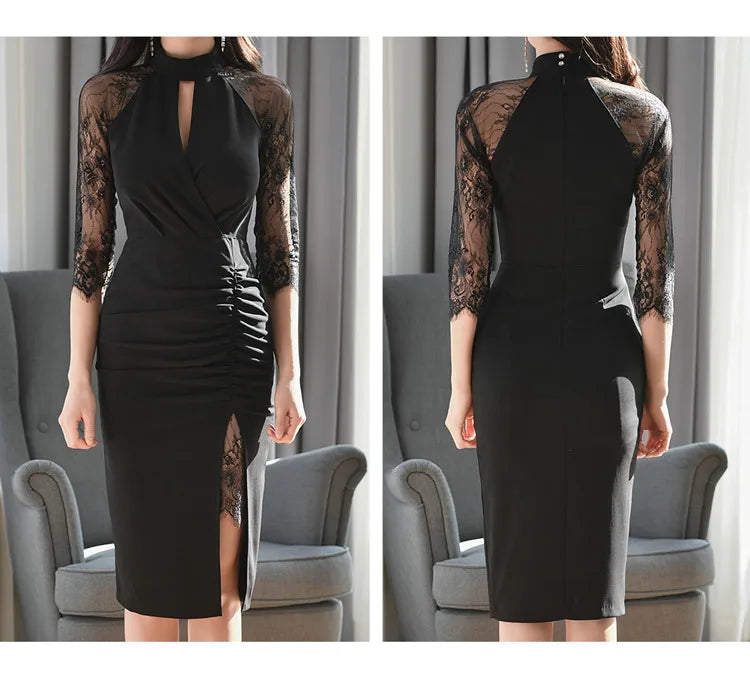 H Han Queen Hot Sale Elegant Fashion Lace Fold Split Pencil Dress Simple Series Dresses Women Korean Mid Office Casual Vestidos