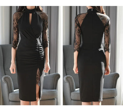 H Han Queen Hot Sale Elegant Fashion Lace Fold Split Pencil Dress Simple Series Dresses Women Korean Mid Office Casual Vestidos