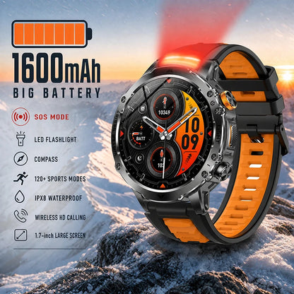2026 New Men Outdoor Smart Watch 1.7" IPS 1600mAh  Battery Bluetooth Call IPX8 Waterproof Flashlight SOS Compass 120+Sport Modes