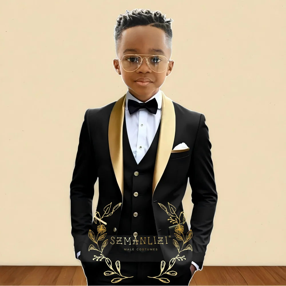 Oil Green Boys Suit 3 Pieces Wedding Tuxedo for Kids Jacket Pants Vest Gold Shawl Lapel Child 2-16 Years Old Customized Outfit