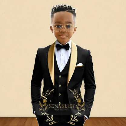 Oil Green Boys Suit 3 Pieces Wedding Tuxedo for Kids Jacket Pants Vest Gold Shawl Lapel Child 2-16 Years Old Customized Outfit