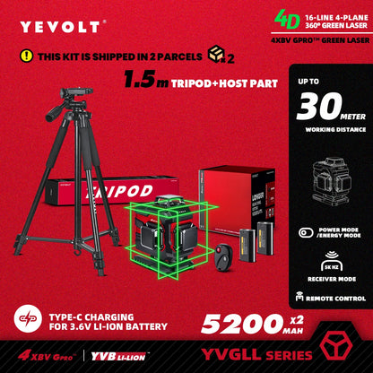 YEVOLT YVGLL4XS16 Grön Lasernivå 4D – 4 Plan, 16 Linjer, 3Ah/5,2Ah Batteri, Självnivellerande
