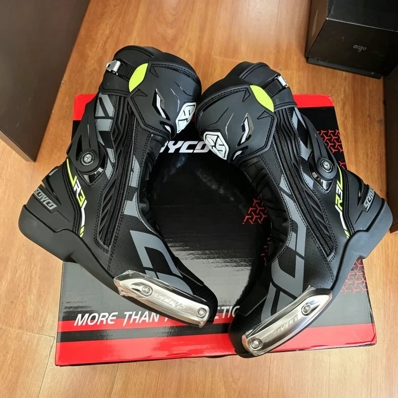 SCOYCO Banracing Motorcykelkängor CE Professionell Certifiering TPU Läder Män Kvinnor Unisex