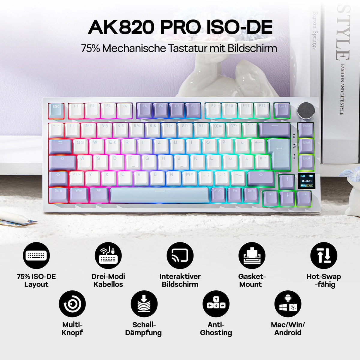 AJAZZ AK820 PRO mekaniskt tangentbord – tysk ISO-DE, RGB och TFT-skärm